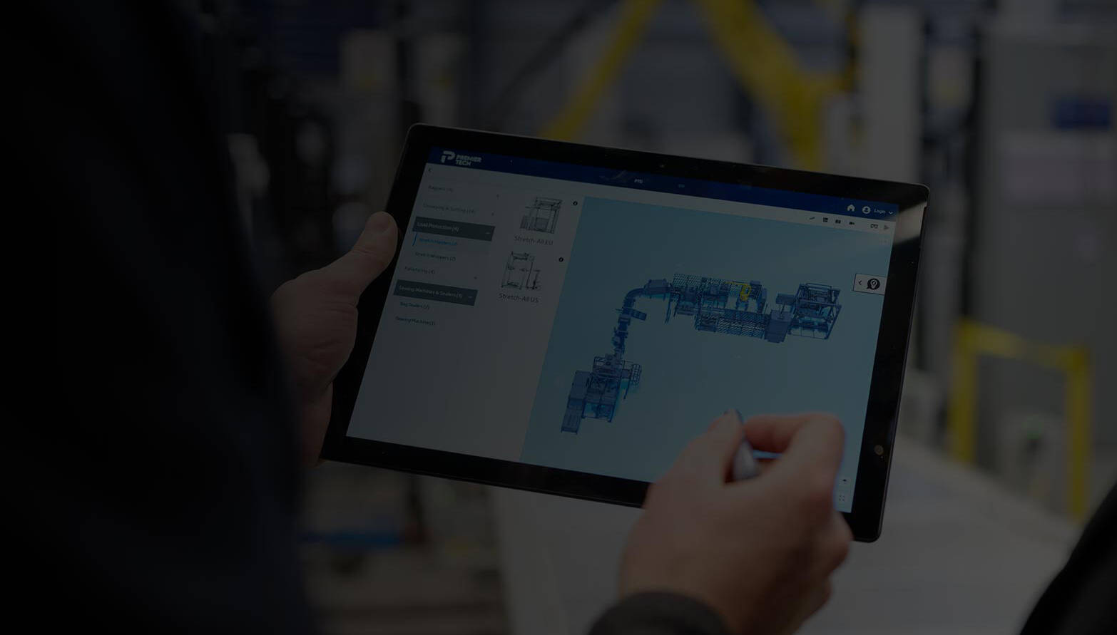 Configurateur de ligne de production 3D utilisé sur une tablette.